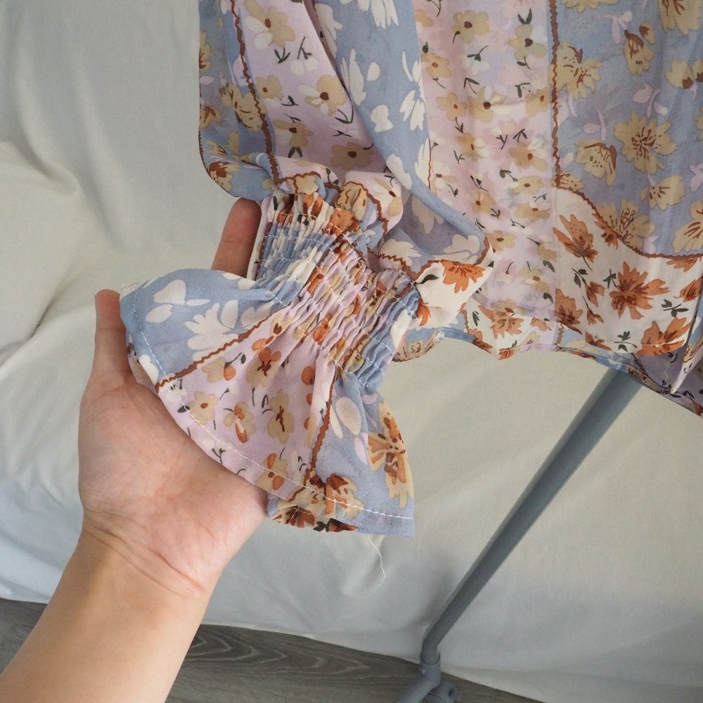 Mixed patchwork ditsy floral print tie neck blouse - Picture 4 of 8
